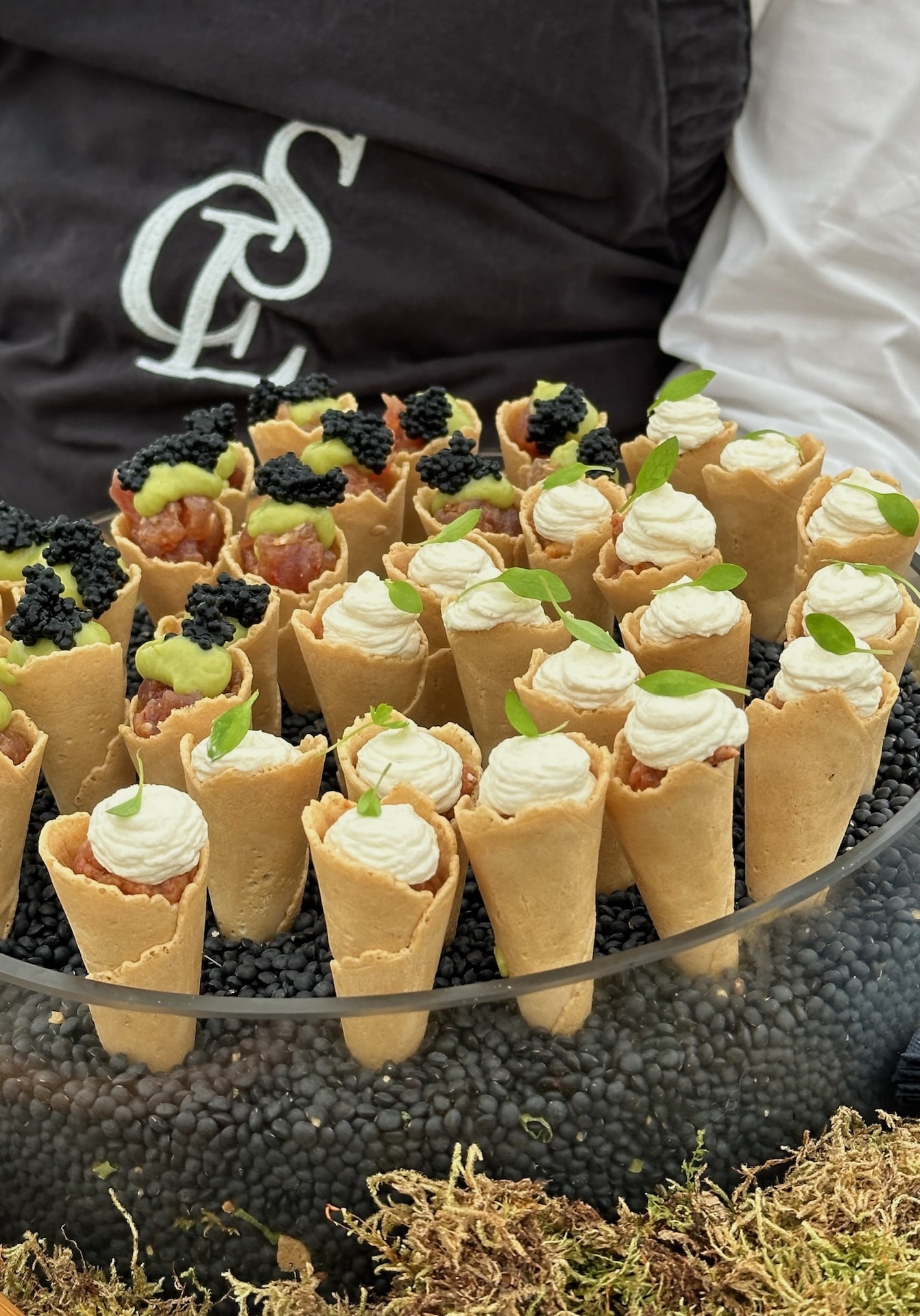 Luxus Catering München 28 Exklusiv auf einem Tablett aus schwarzen Linsen angerichtetes Flying Buffet Catering von CSL Catering München.