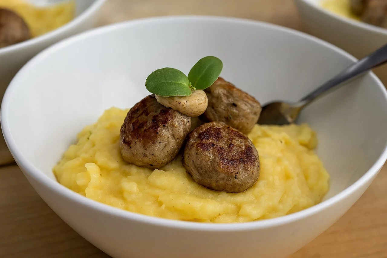 Warmes Buffet Catering: Ideen für Ihren Geburtstag 3 Fleischpflanzerl auf Kartoffelsalat von CSL Catering München, warmes buffet catering geburtstag ideen